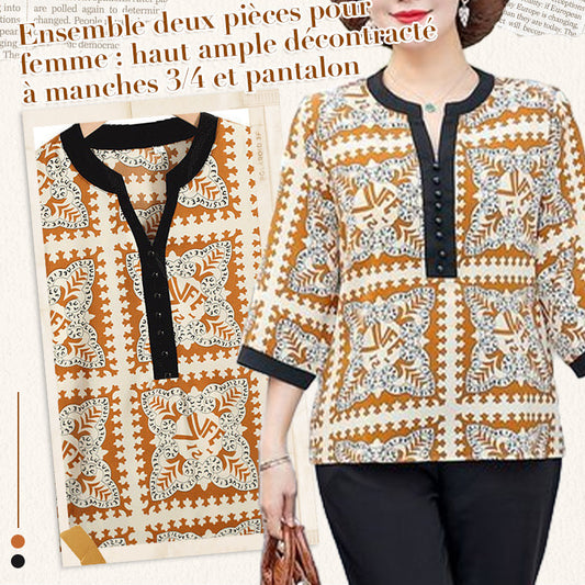 Conjunto de dos piezas para mujer: top casual holgado con mangas 3/4 y pantalón