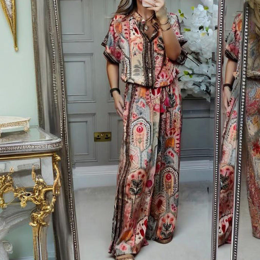 💕Conjunto de 2 piezas de top estampado y pantalones de pierna ancha para mujer（副本）