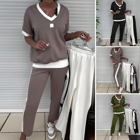 Conjunto casual de top y pantalón con cuello en V para mujer