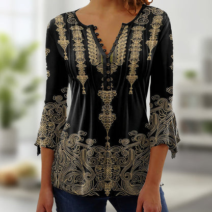 Top de botones con cuello en V y estampado floral y mangas acampanadas