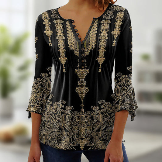 Top de botones con cuello en V y estampado floral y mangas acampanadas