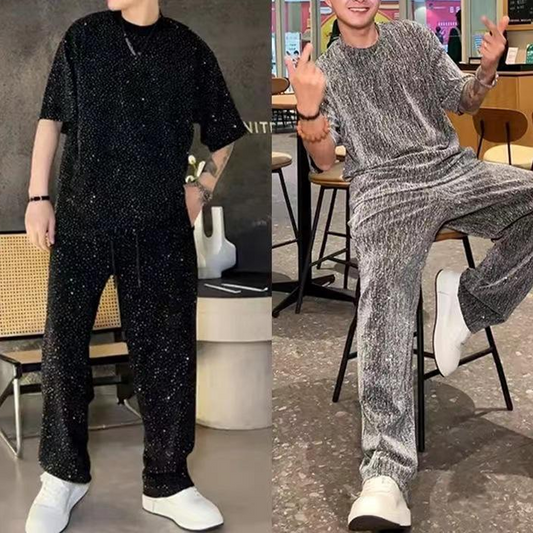 Conjunto de 2 piezas de top de manga corta y pantalones de pierna ancha para hombre