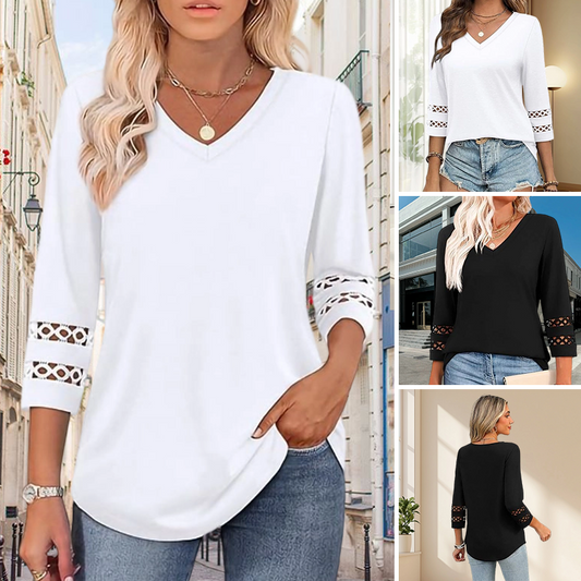 Camiseta casual sólida con cuello en V para mujer con mangas 3/4