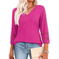 Camiseta casual sólida con cuello en V para mujer con mangas 3/4