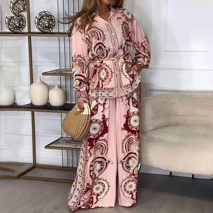 Conjunto de 2 piezas de top y pantalones de pierna ancha con estampado étnico para mujer