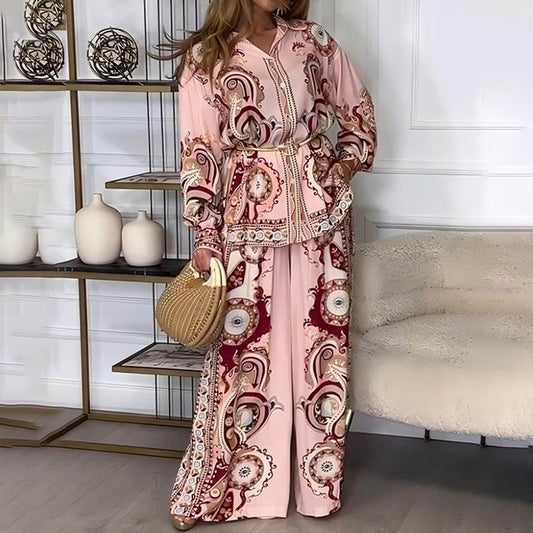 Conjunto de 2 piezas de top y pantalones de pierna ancha con estampado étnico para mujer
