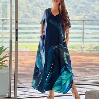 🎉Día de la Madre por tiempo limitado 50% DE DESCUENTO🥻Vestidos de manga corta estampados con cuello en V casual suelto para mujer