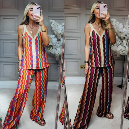 Conjunto de estampado de ondas coloridas-Top con tirantes finos y pantalones de pierna ancha