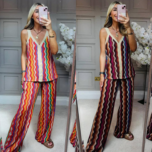 Conjunto de estampado de ondas coloridas-Top con tirantes finos y pantalones de pierna ancha