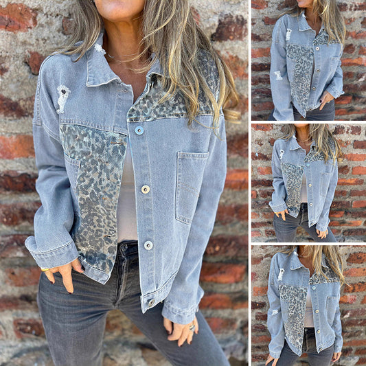 Chaqueta de mezclilla de patchwork con estampado de leopardo de moda