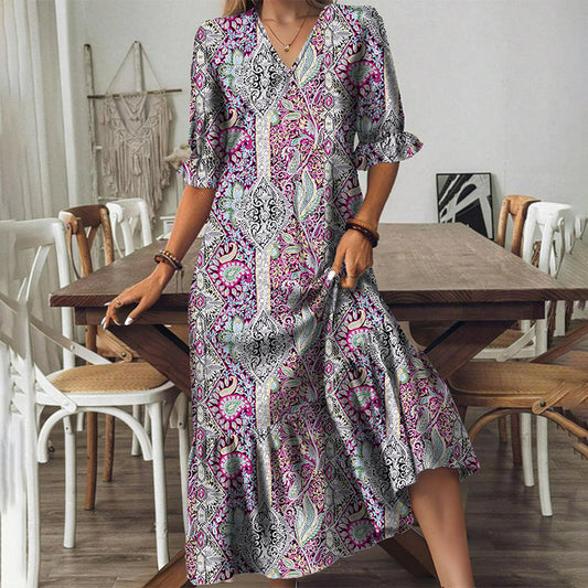 Vestido boho con volantes y cuello en V