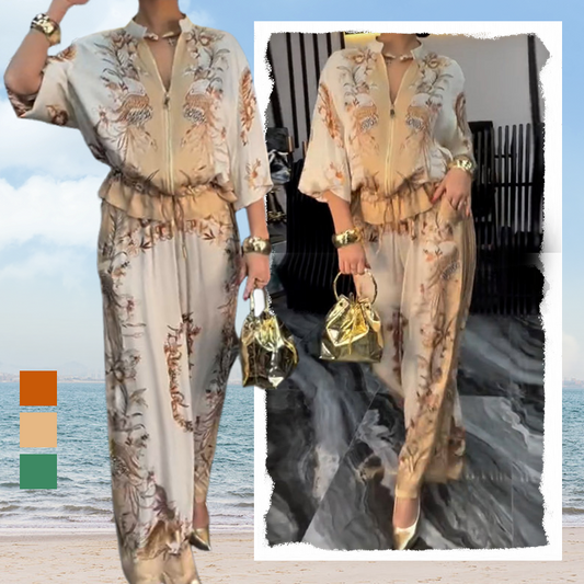 Conjunto de 2 piezas de top con cremallera estampada y pantalones de pierna ancha