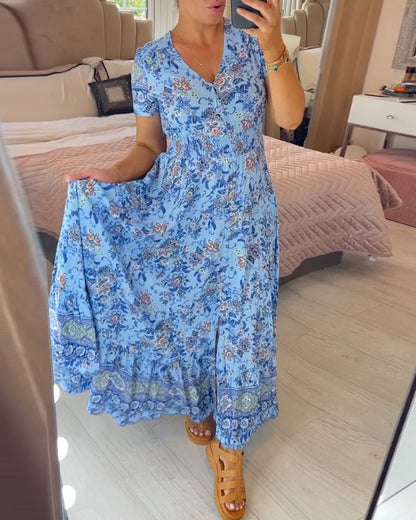 👗Vestido Largo de Estampado Floral para Mujer | Corte A-Line con Cuello en V + Fresco y Versátil para Verano✨