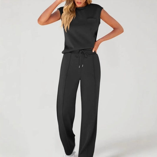 Conjunto de 2 piezas de top casual sin mangas y pantalones con cordón para mujer