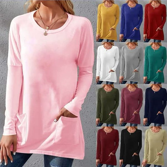 🍂Camiseta informal de manga larga para mujer con cuello redondo y bolsillo