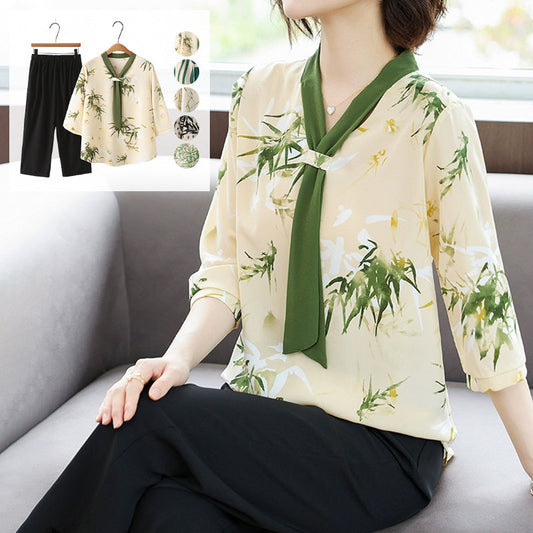 Elegante conjunto de top con cuello en V y pantalones rectos