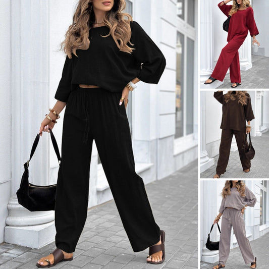 Conjunto casual de manga larga y pantalones de color sólido para mujer
