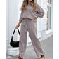 Conjunto casual de manga larga y pantalones de color sólido para mujer