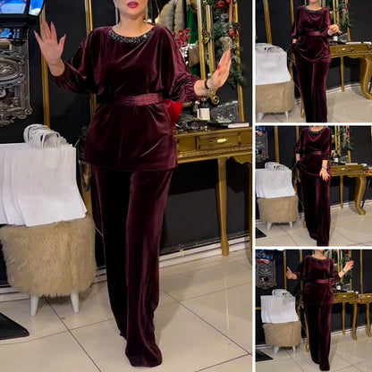 Conjunto de 2 piezas de top de estrás con cuello redondo y pantalones de pierna ancha
