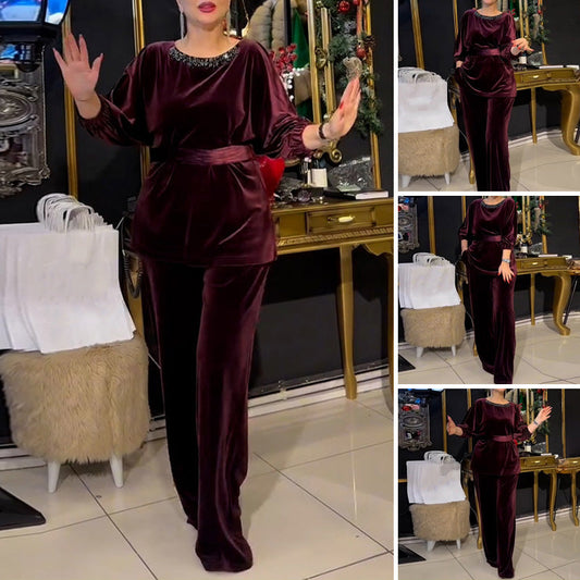 Conjunto de 2 piezas de top de estrás con cuello redondo y pantalones de pierna ancha