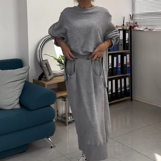 Conjunto de 2 piezas de sudadera y falda de cuello redondo para mujer