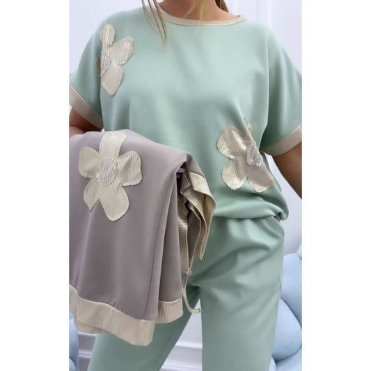 Conjunto de 2 piezas de top floral con cuello redondo y pantalones con cordón