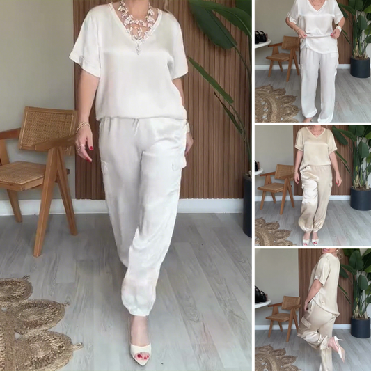 Conjunto de 2 piezas de pantalones con cuello en V elegante