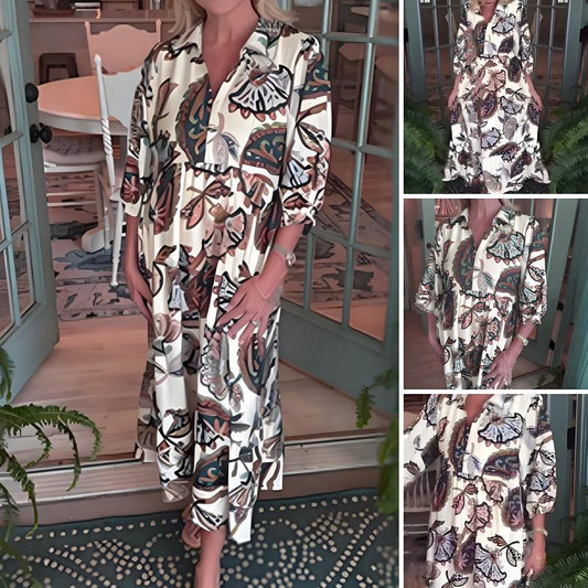 Vestido holgado con cuello en V con estampado vintage para mujer