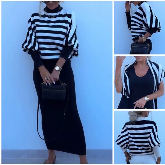 Conjunto de 2 piezas de top de punto de manga larga a rayas y vestido ajustado