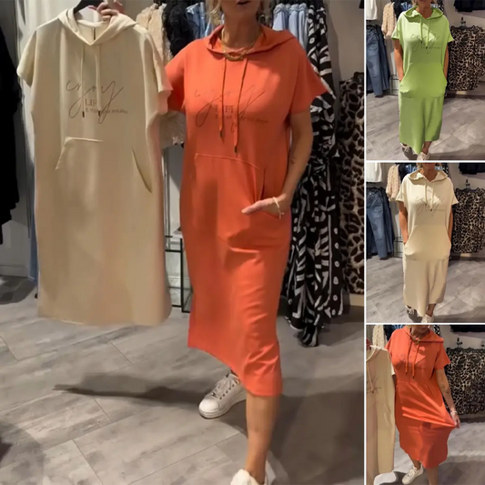 Vestido largo con capucha de manga corta sólido para mujer