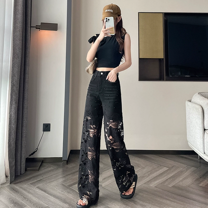 💜 ÚLTIMO DÍA DE PROMOCIÓN - 50% DE DESCUENTO 💜 Pantalones huecos para mujer con estampado de piedras brillantes