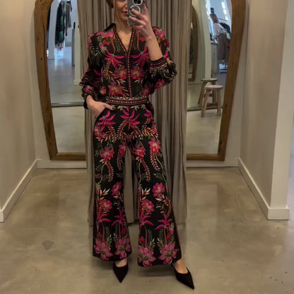 Elegante traje floral - Top con cuello en V y pantalones de pierna ancha