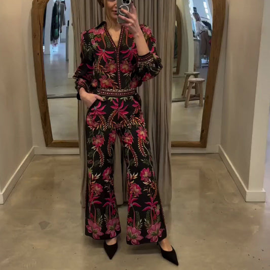 Elegante traje floral - Top con cuello en V y pantalones de pierna ancha