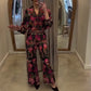 Elegante traje floral - Top con cuello en V y pantalones de pierna ancha