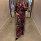 Elegante traje floral - Top con cuello en V y pantalones de pierna ancha