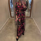 Elegante traje floral - Top con cuello en V y pantalones de pierna ancha