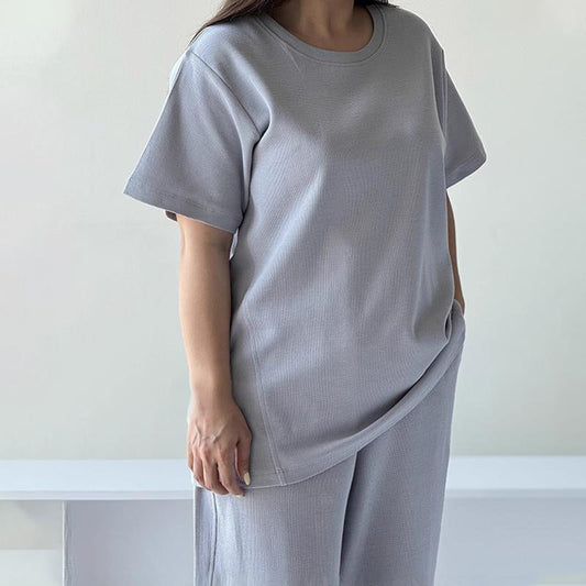 Conjunto de 2 piezas de tops sólidos casuales y pantalones anchos para mujer