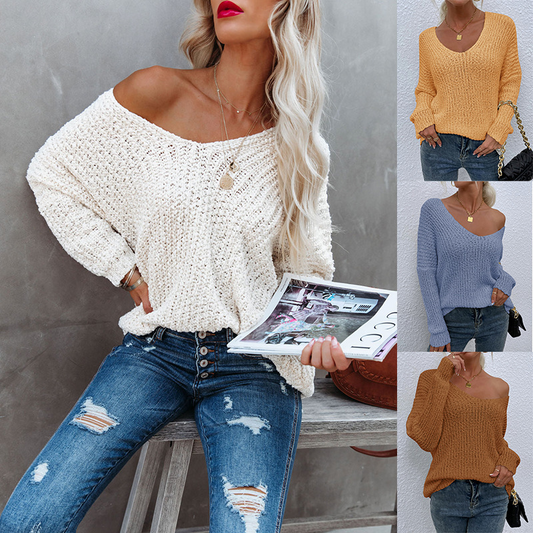 Top de punto con cuello en V suelto y elegante
