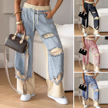 Pantalones anchos con cordón elástico de mezclilla de patchwork