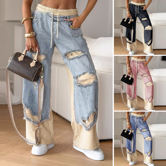 Pantalones anchos con cordón elástico de mezclilla de patchwork