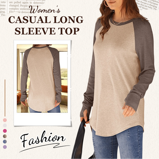 Top casual de manga larga con cuello redondo para mujer