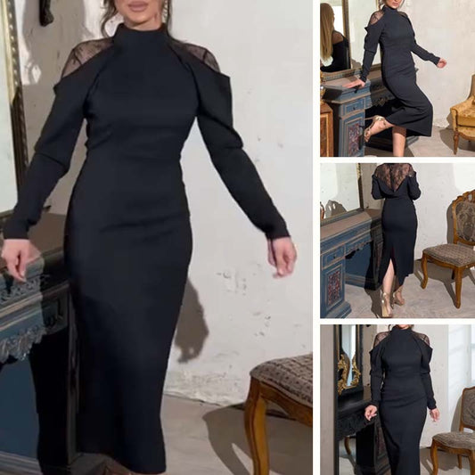 Elegante vestido midi con cuello alto y espalda de encaje para mujer