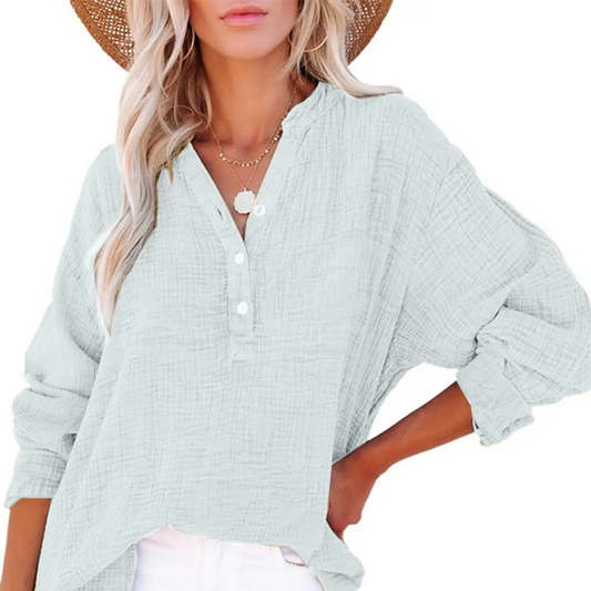 Blusa casual de manga larga con cuello de botón de gasa para mujer