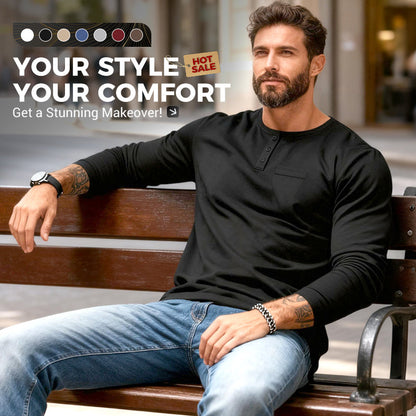 👕 Camiseta Henley de Manga Larga para Hombre – Cuello con Botones, Corte Ajustado, Bolsillo en Pecho, Transpirable, Antiarrugas, Ideal para Otoño/Invierno, Tallas M-3XL