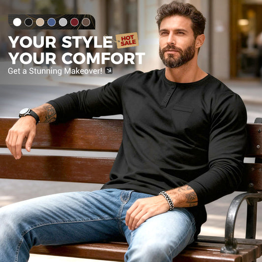 👕 Camiseta Henley de Manga Larga para Hombre – Cuello con Botones, Corte Ajustado, Bolsillo en Pecho, Transpirable, Antiarrugas, Ideal para Otoño/Invierno, Tallas M-3XL