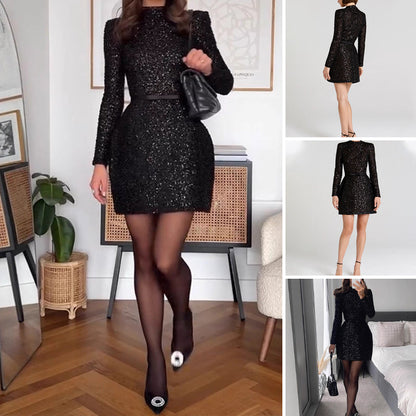 【📍Colección📍 exquisita】 Vestido de manga larga brillante para mujer con cinturón