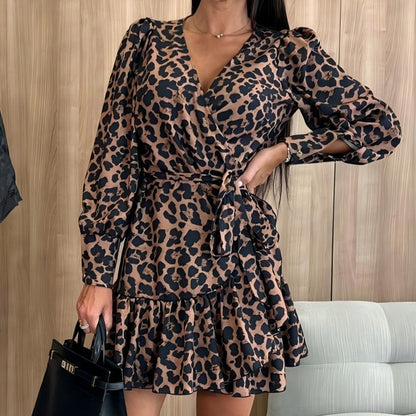 Vestido con Estampado de Leopardo y Cuello en V con Lazo en la Cintura
