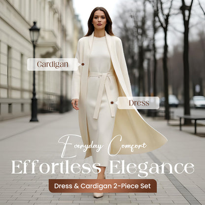 Vestido elegante de mujer y conjunto de dos piezas con cárdigan