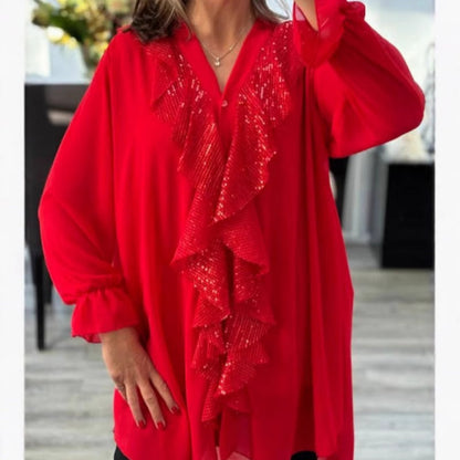 🔥¿Qué me pongo mañana?💃Camisa de manga larga de gasa con lentejuelas y cuello en V para mujer.