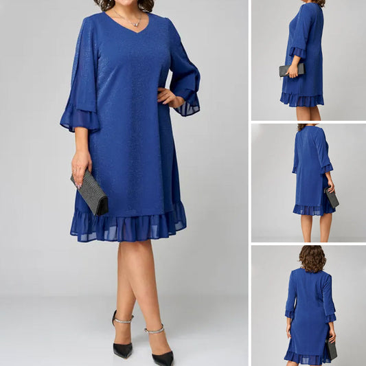 Elegante vestido midi holgado con escote en V y mangas acampanadas